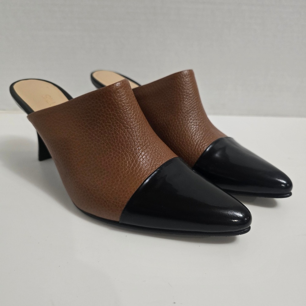 Women's Brown Black Leather Mules Heels Pointed Toe Leather Old Money Shoes Sz 8